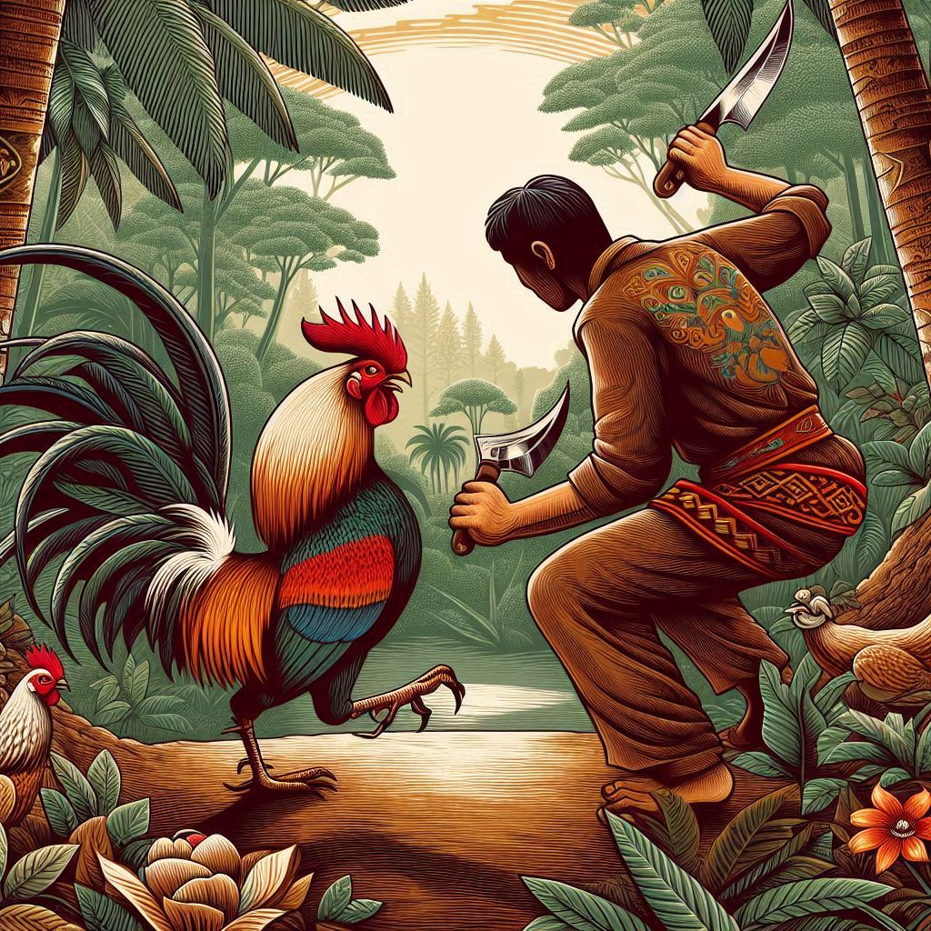 Ilustrasi tradisi sabung ayam Iban dengan ayam bertaji pisau