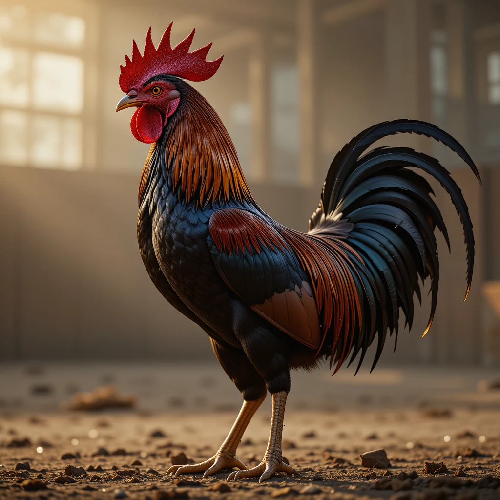 Ayam aduan juara dengan postur sempurna menunjukkan otot dada kuat, kaki bertenaga, dan struktur tulang padat hasil pelatihan dan genetik unggul