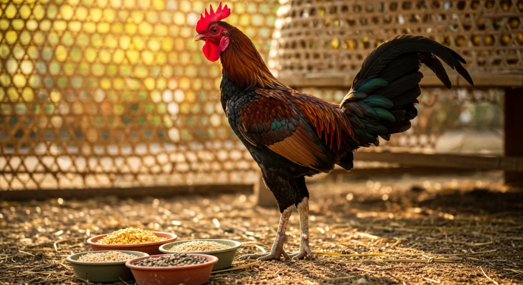 Ayam Bangkok jantan berbadan kekar dan berotot hasil dari pemberian racikan pakan berkualitas tinggi, berdiri gagah di samping mangkuk pakan tradisional