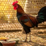 Ayam Bangkok jantan berbadan kekar dan berotot hasil dari pemberian racikan pakan berkualitas tinggi, berdiri gagah di samping mangkuk pakan tradisional