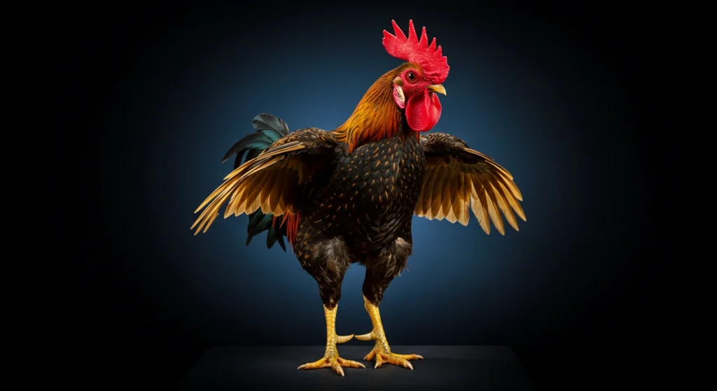 Ayam Bangkok jantan dengan warna wiring kuning keemasan yang memukau, menampilkan postur gagah dan fisik ideal khas ayam aduan unggulan, menunjukkan keindahan genetik yang menjadi incaran para pehobi ayam aduan.