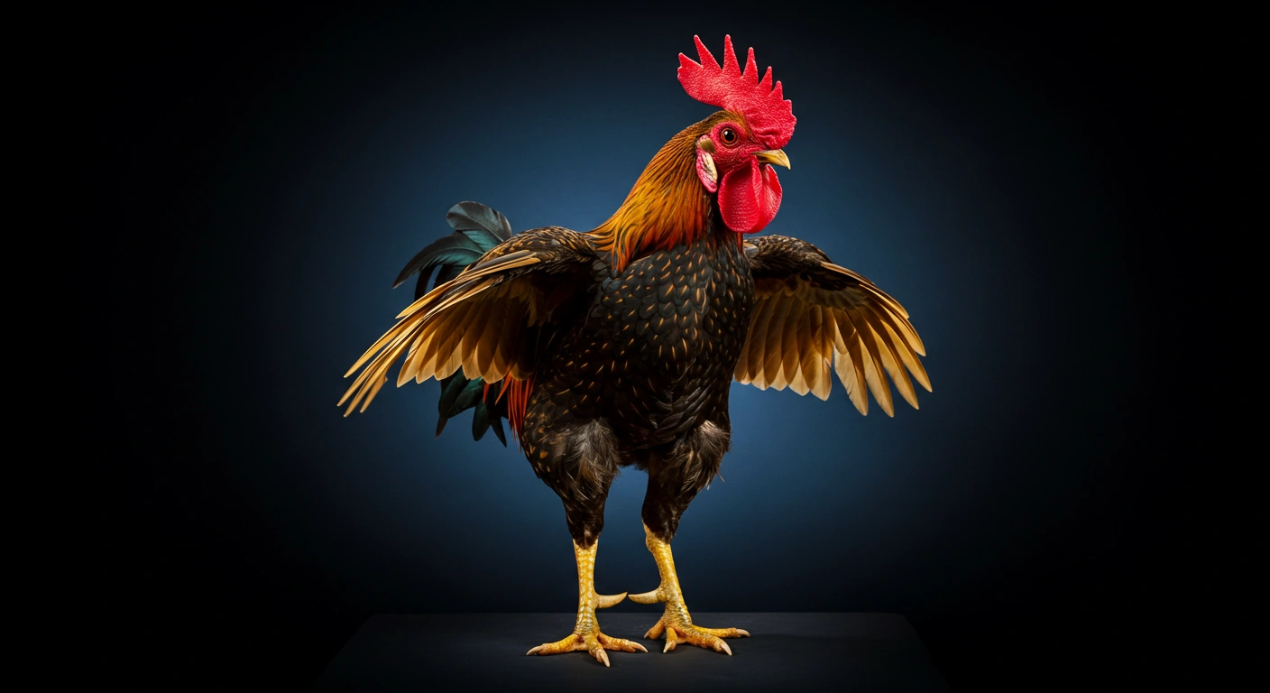 Ayam Bangkok jantan dengan warna wiring kuning keemasan yang memukau, menampilkan postur gagah dan fisik ideal khas ayam aduan unggulan, menunjukkan keindahan genetik yang menjadi incaran para pehobi ayam aduan.