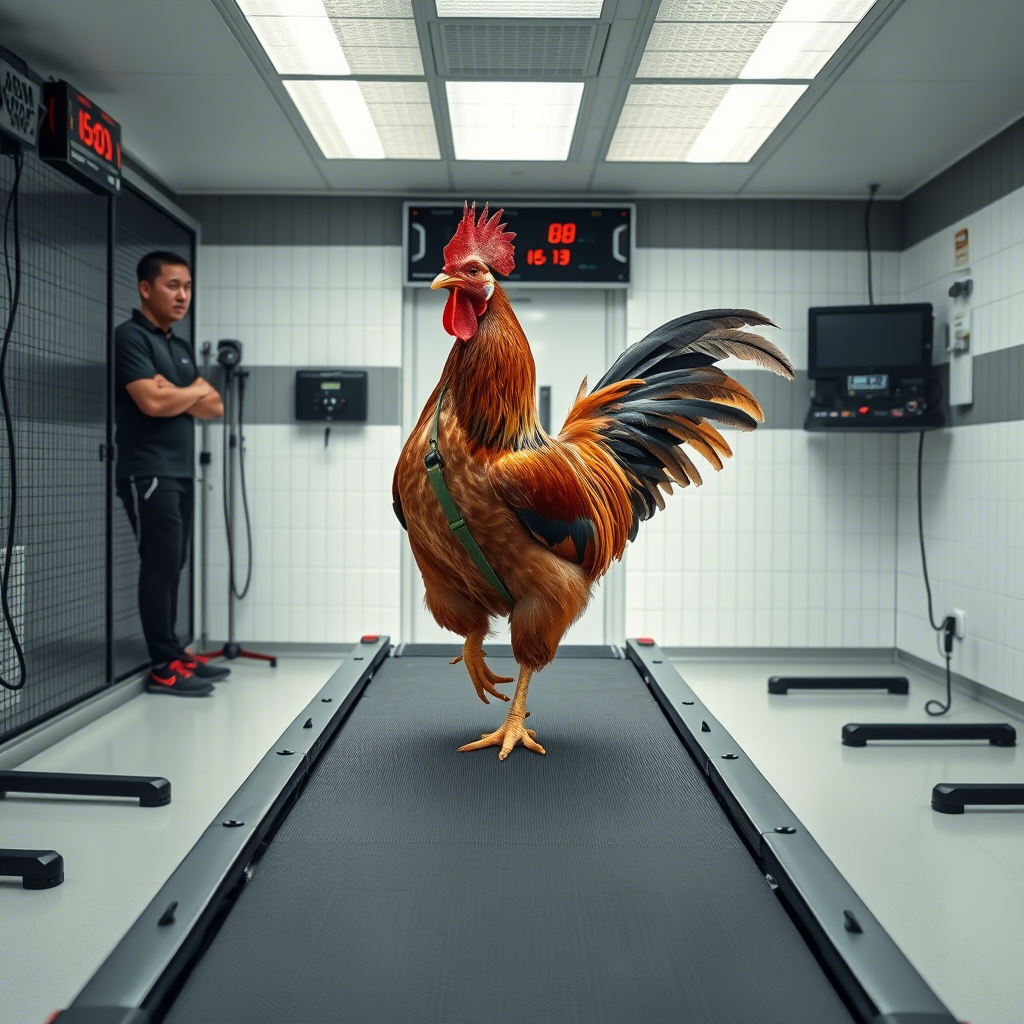Fasilitas latihan modern untuk ayam aduan dengan treadmill khusus, resistance band, dan peralatan monitoring yang digunakan untuk meningkatkan performa bertarung