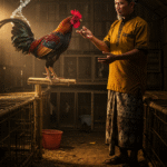 Peternak ahli Indonesia memeriksa ayam aduan unggul hasil kawin silang dengan teknik memurnikan gen, terlihat struktur DNA yang melambangkan seleksi genetik berkualitas