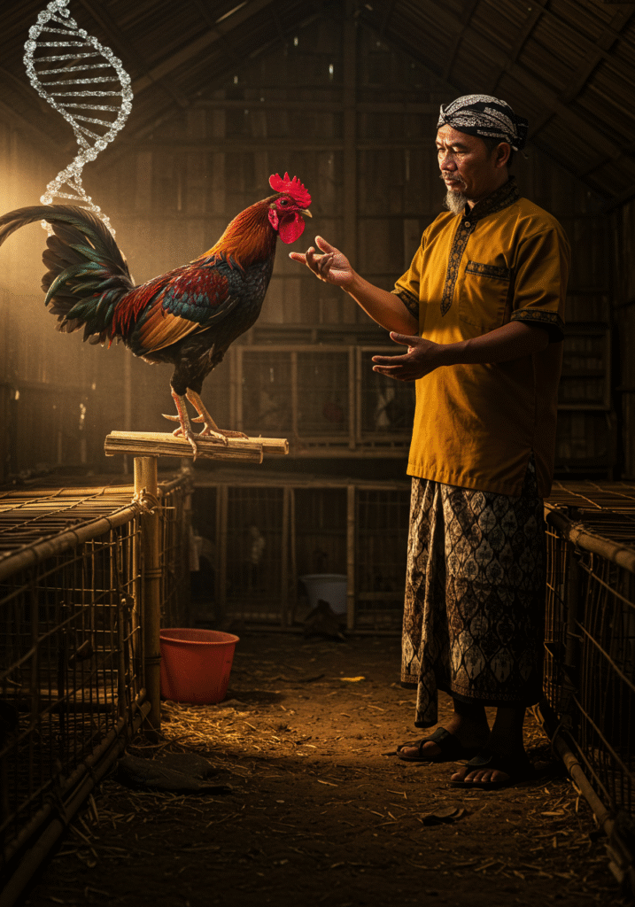Peternak ahli Indonesia memeriksa ayam aduan unggul hasil kawin silang dengan teknik memurnikan gen, terlihat struktur DNA yang melambangkan seleksi genetik berkualitas