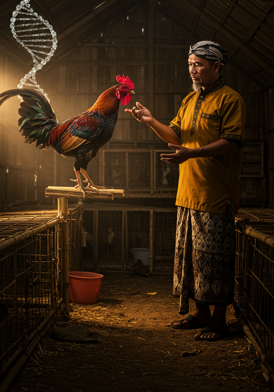 Peternak ahli Indonesia memeriksa ayam aduan unggul hasil kawin silang dengan teknik memurnikan gen, terlihat struktur DNA yang melambangkan seleksi genetik berkualitas