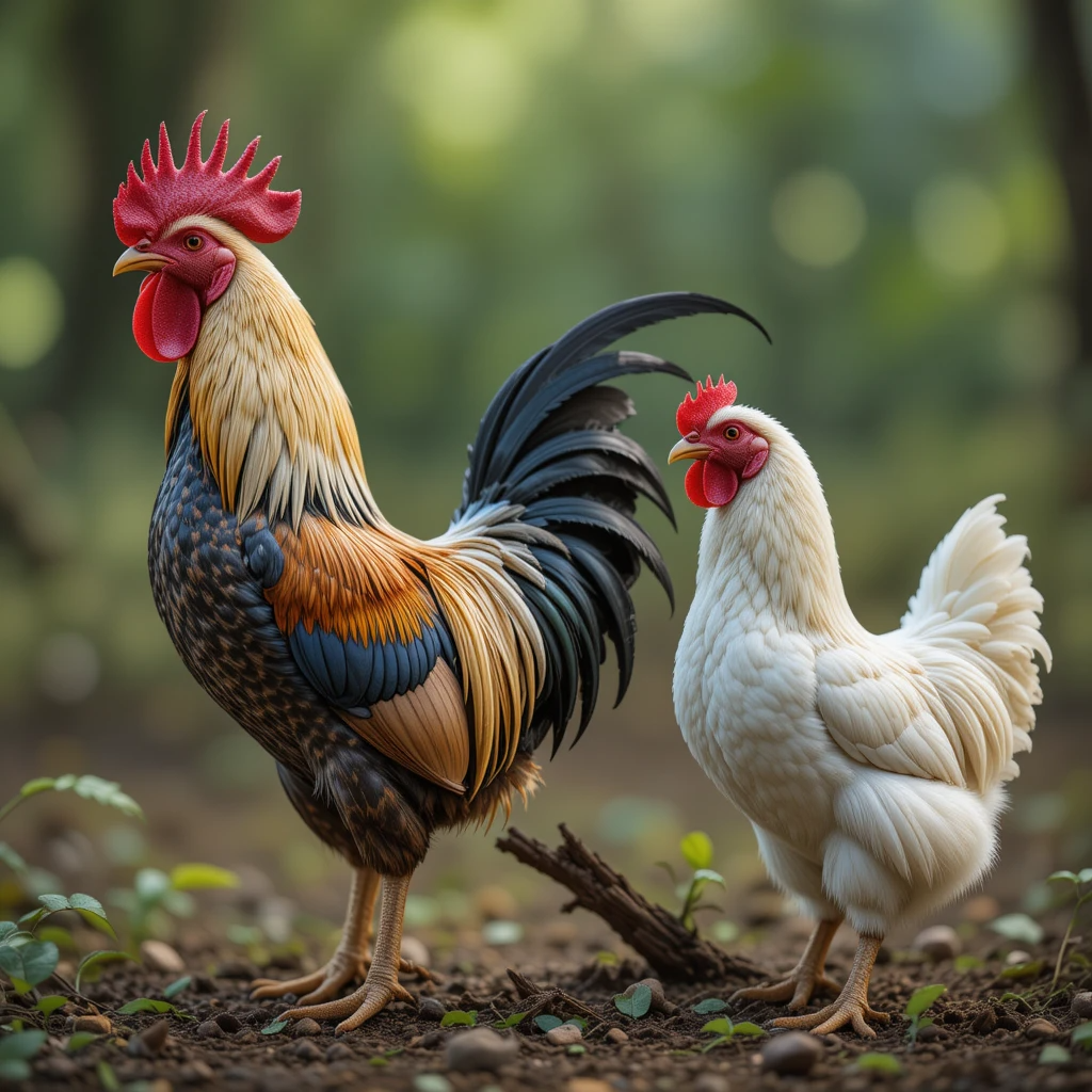 Perbandingan ayam jantan (jago) dan betina (babon) dewasa menunjukkan perbedaan jengger, pial, bulu, dan ekor