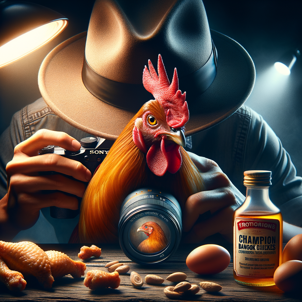 Ayam Bangkok Juara: Foto ultra-realistis dengan pencahayaan dramatis dan detail tajam, mengungkap rahasia ketangguhan ayam.