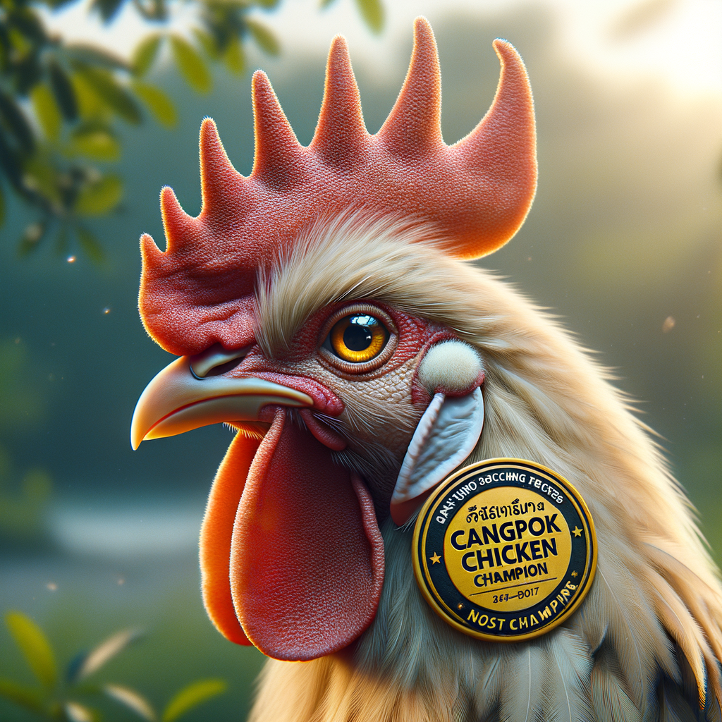 Close-up Ayam Bangkok Juara dengan detail bulu dan warna yang jernih.