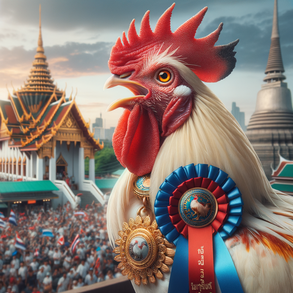 Close-up detail ayam Bangkok juara dengan pencahayaan alami yang menyoroti detail bulu dan ciri khasnya.