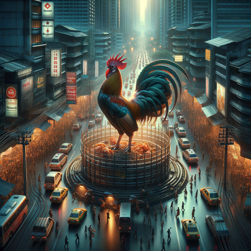 Ayam Bangkok berdiri tegak dalam arena, matanya tajam dan bersinar. Pencahayaan dramatis mengungkapkan detail bulu yang halus dan cakar yang tajam.