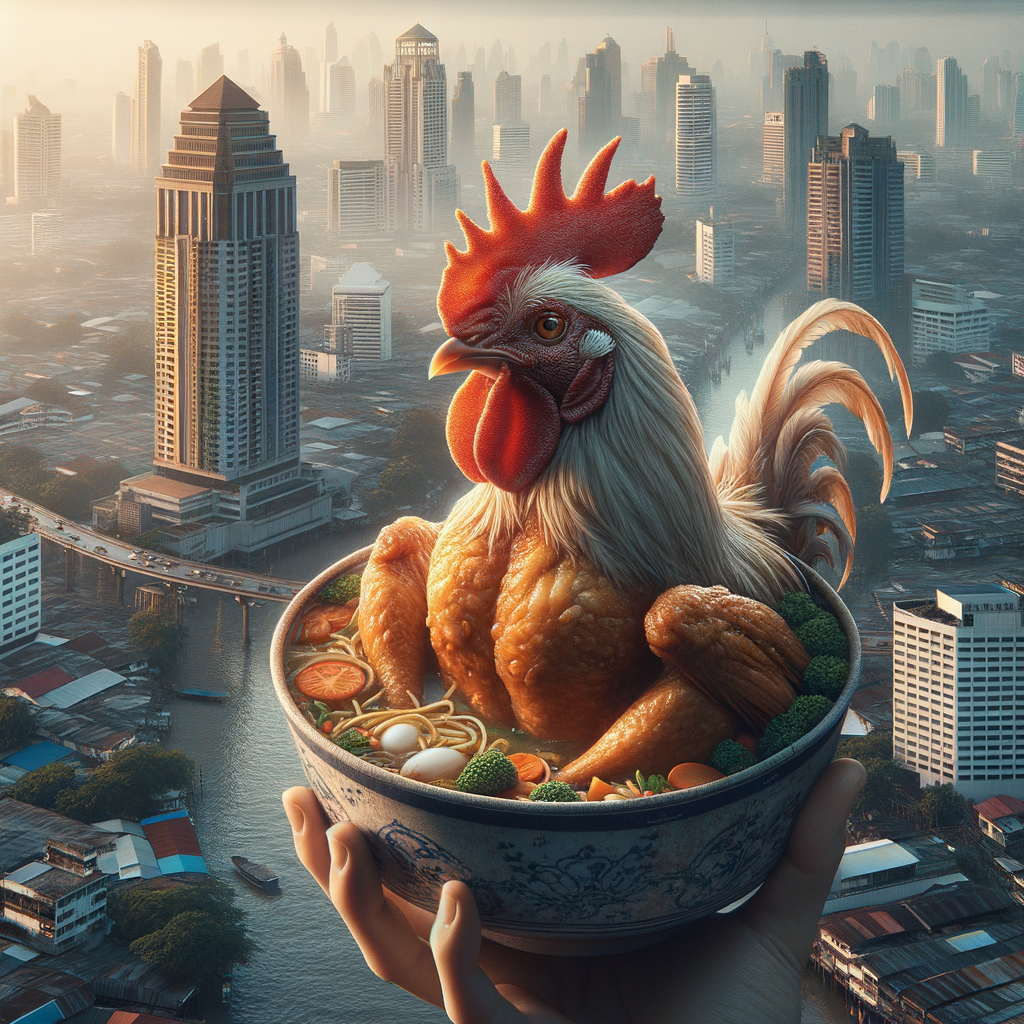 Close-up foto ayam Bangkok dengan detail bulu merah jernih, pencahayaan alami.