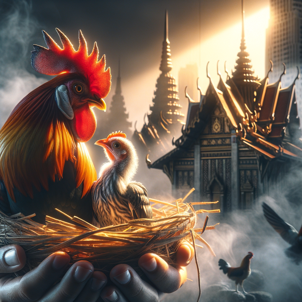 Foto tajam ayam Bangkok juara dengan pencahayaan dramatis.