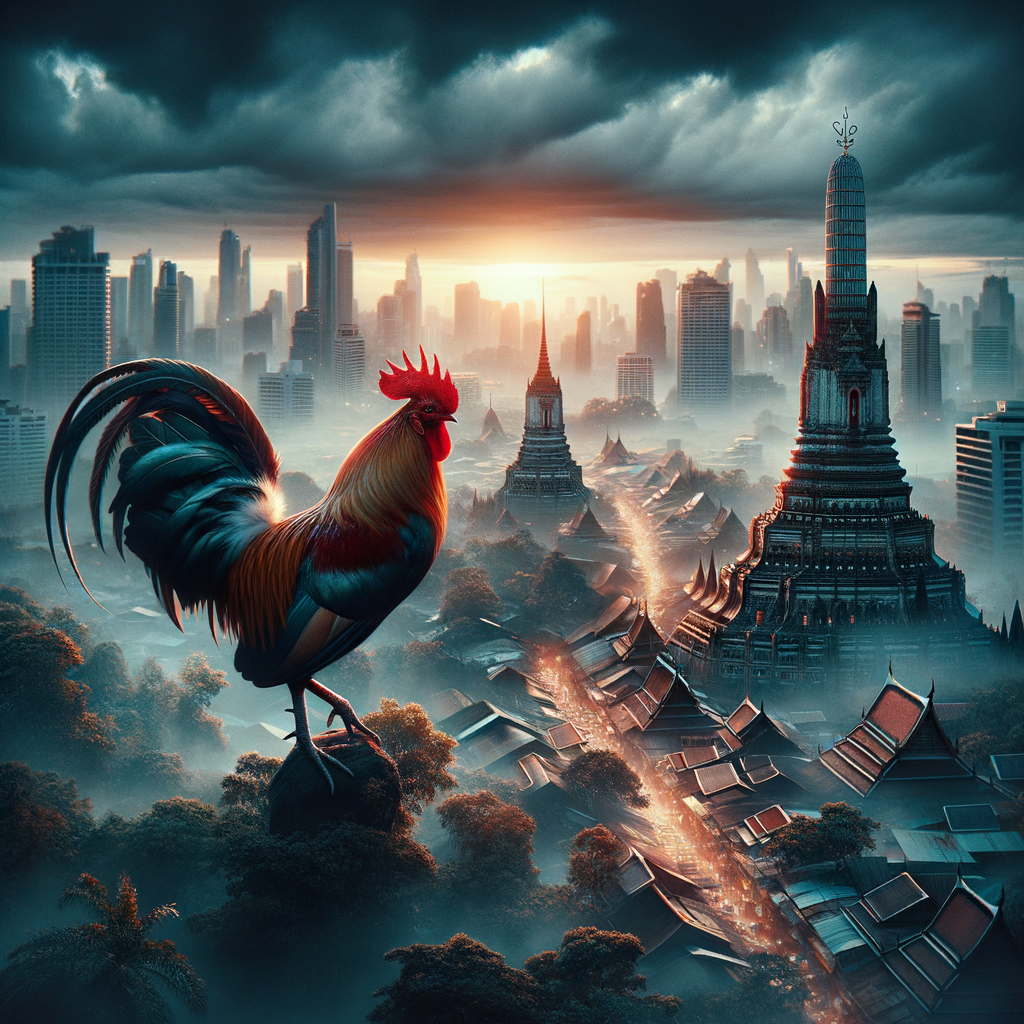 Foto ultra-realistis, sinematik, dengan pencahayaan dramatis, mengungkap rahasia pukulan mematikan ayam Bangkok terpilih.