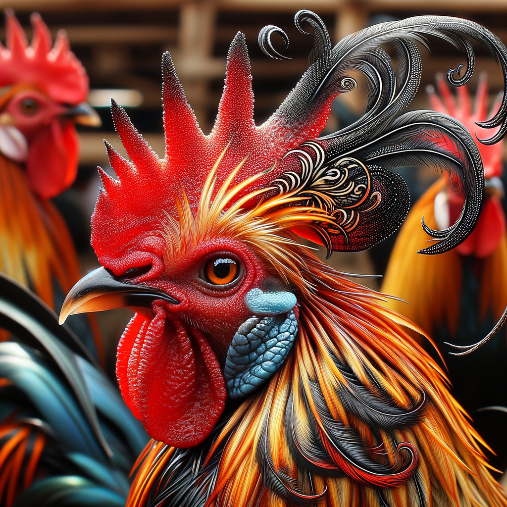 Close-up detail ayam Bangkok padat bulu dan comb bulu yang indah.