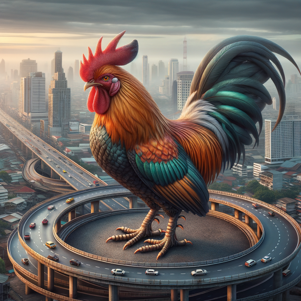 Close-up jernih ayam Bangkok, foto fotorealistis dengan pencahayaan alami.