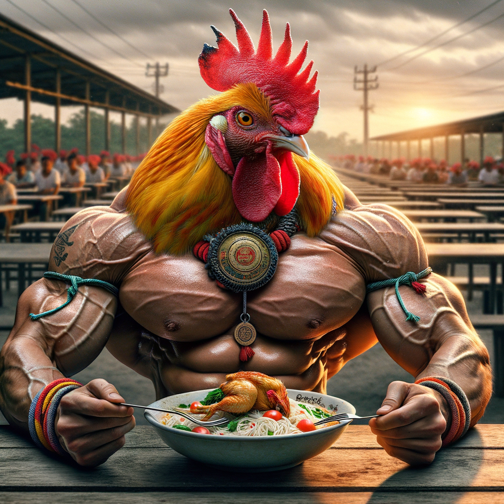 Close-up detail latihan ayam Bangkok, foto realistis dengan pencahayaan alami yang jernih.