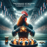 Foto ayam Bangkok berlatih dengan intensitas tinggi, detail tajam, dan pencahayaan dramatis.