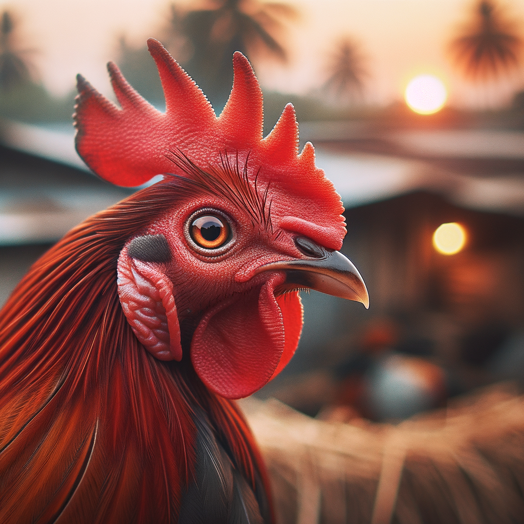 Close-up foto latihan intensif ayam Bangkok; detil jernih, pencahayaan alami.