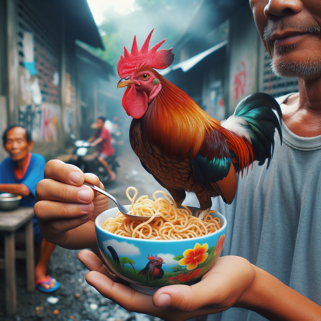 Close-up detail ekor ayam Bangkok dengan bulu-bulu yang halus dan warna yang mencolok.