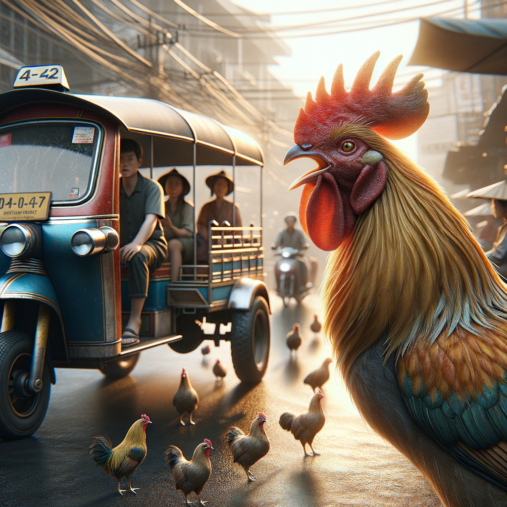 Close-up detail ayam Bangkok menghadap kamera dengan bulu dan tekstur jernih, pencahayaan alami.
