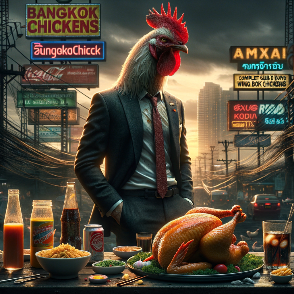 Panduan Membeli Ayam Bangkok Juara - Foto ultra-real berkelas majalah, detail tajam, pencahayaan dramatis.