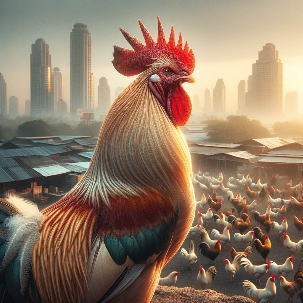 Close-up detail ayam Bangkok juara dengan bulu mengkilap dan ciri khas yang menonjol.