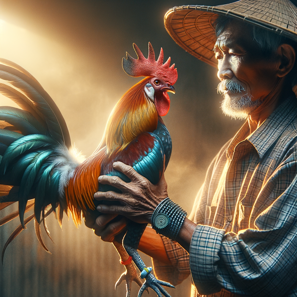 Close-up detail ayam Bangkok aduan, fotorealistis, pencahayaan alami, detail jernih.