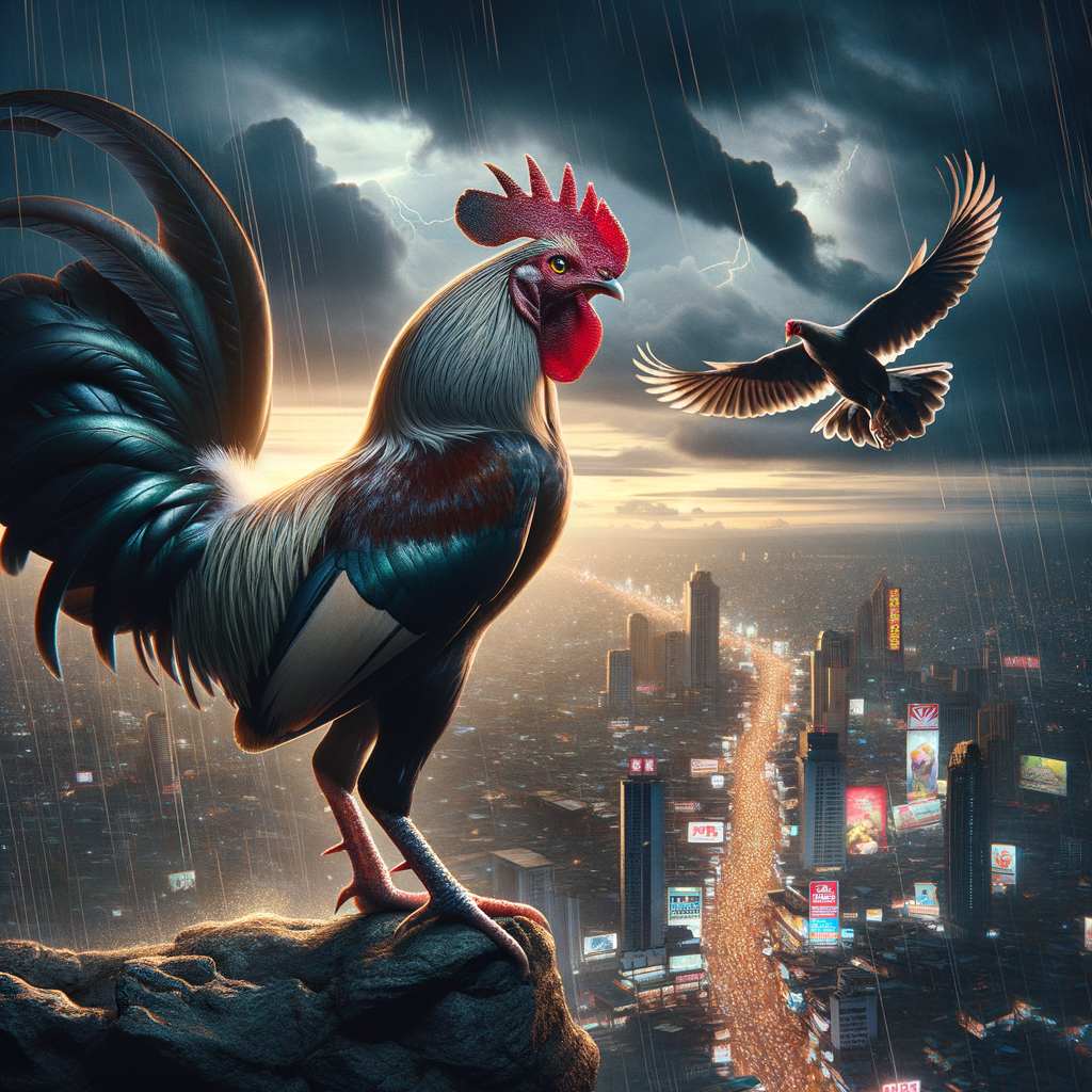 Foto ayam Bangkok aduan pukul mati dengan detail tajam dan pencahayaan dramatis.