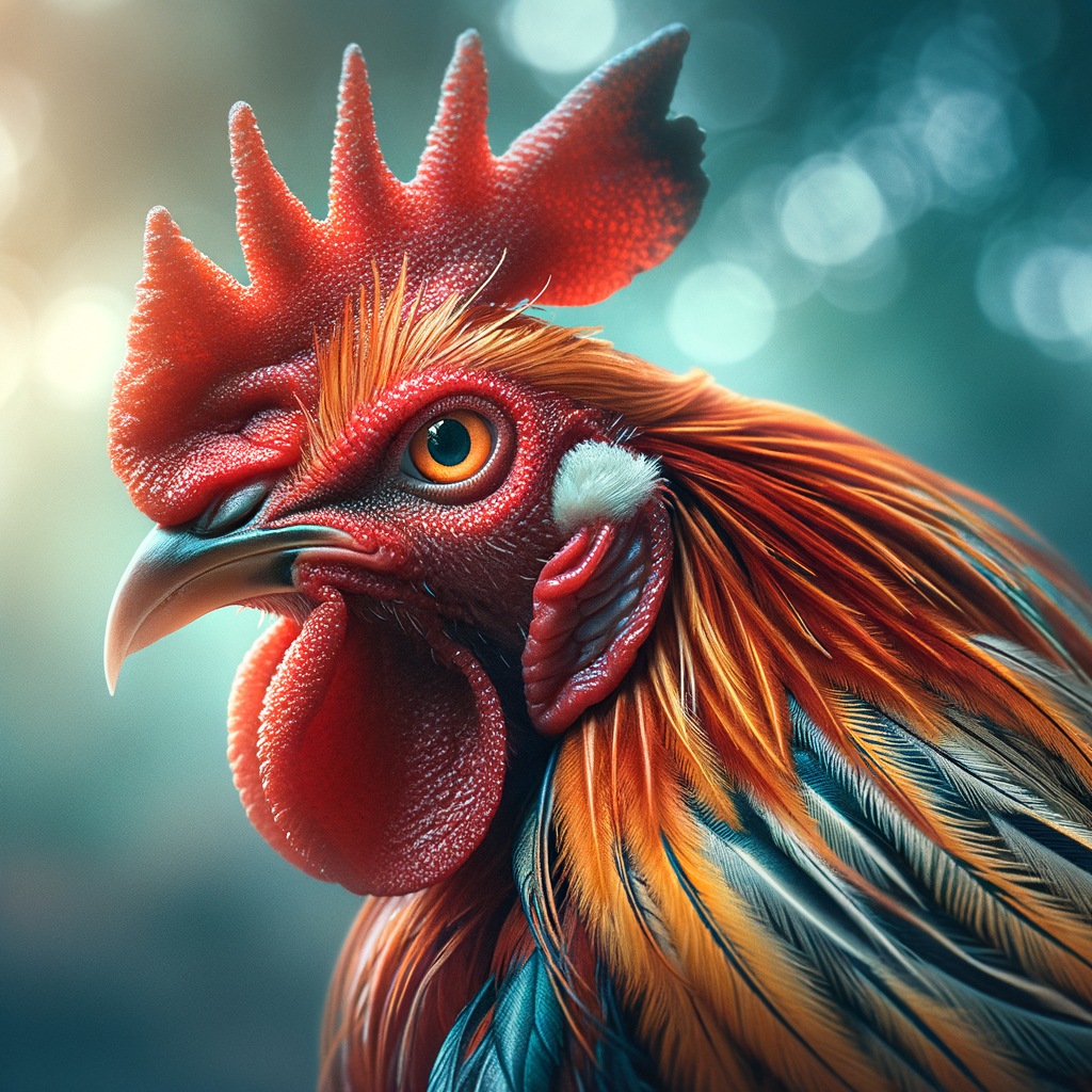 Close-up detail ayam Bangkok aduan dengan pencahayaan alami yang memperlihatkan bulu dan mata yang tajam.