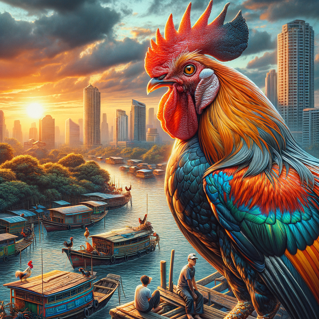 Close-up detail pakan ayam Bangkok Aduan, fotorealistis dengan pencahayaan alami.