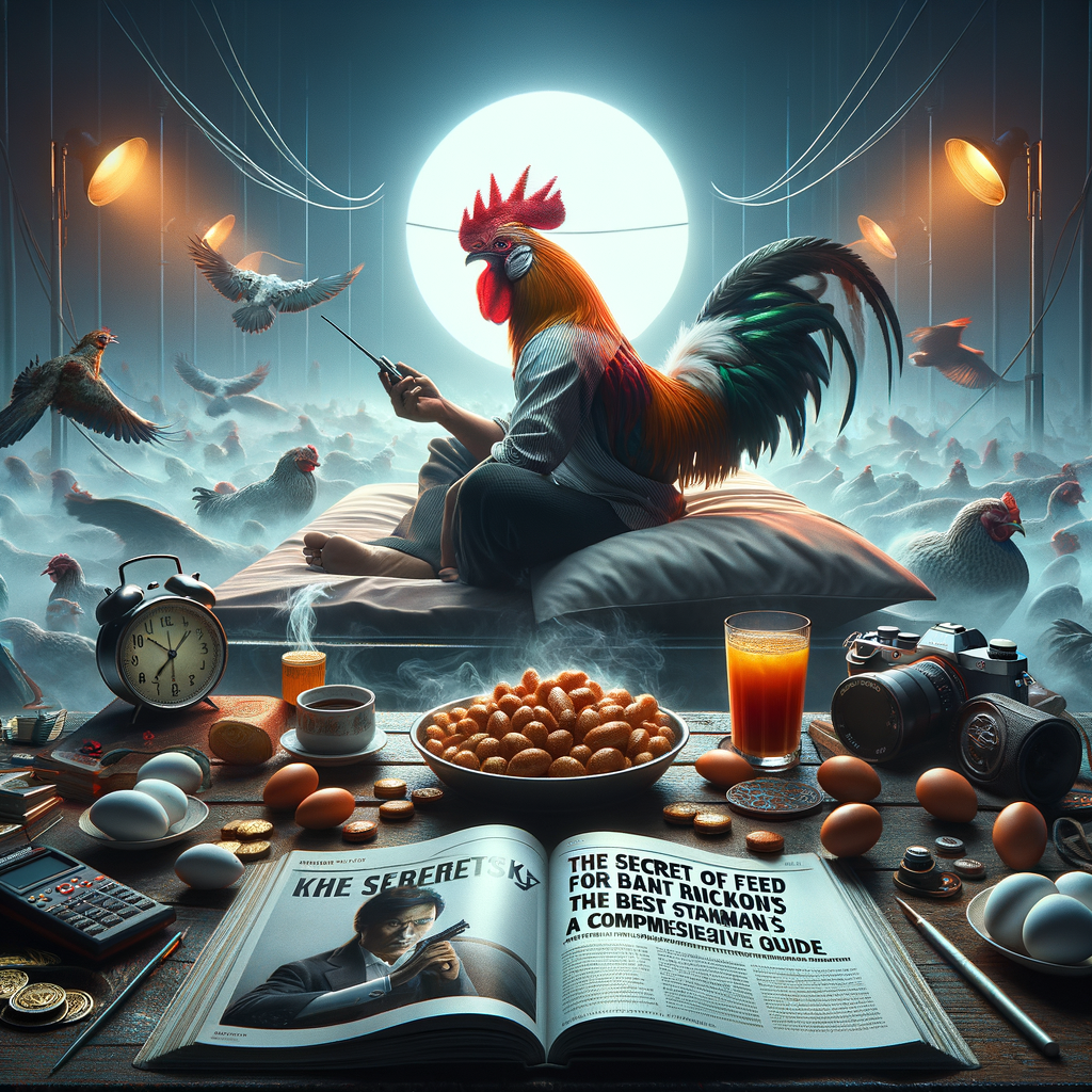 Foto berkualitas majalah ayam Bangkok dengan pencahayaan dramatis dan detail tajam.
