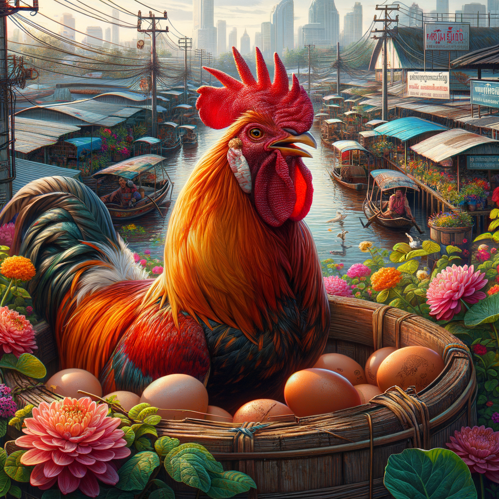 Close-up pakan ayam bangkok dengan pencahayaan alami dan detail jernih.