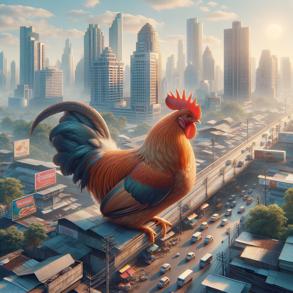 Close-up foto pakan ayam bangkok realistis dengan detail jernih dan pencahayaan alami.