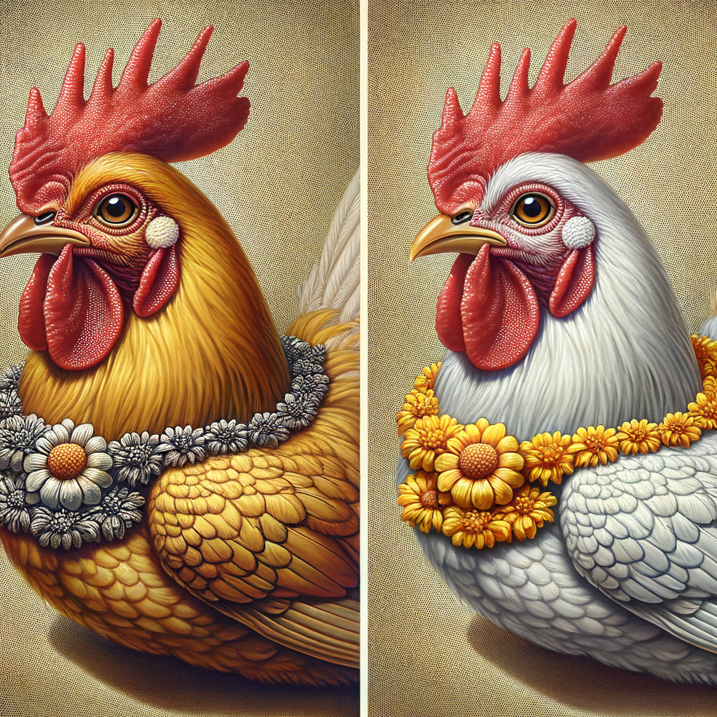 Close-up detail ayam Bangkok asli dan palsu, pencahayaan alami, foto jernih.