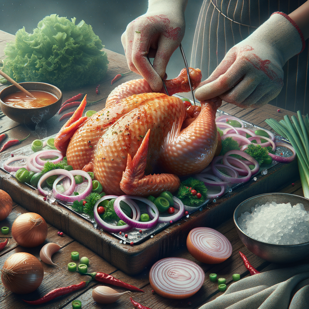 Close-up persiapan Elite Ayam Bangkok dengan detail jernih dan pencahayaan alami.