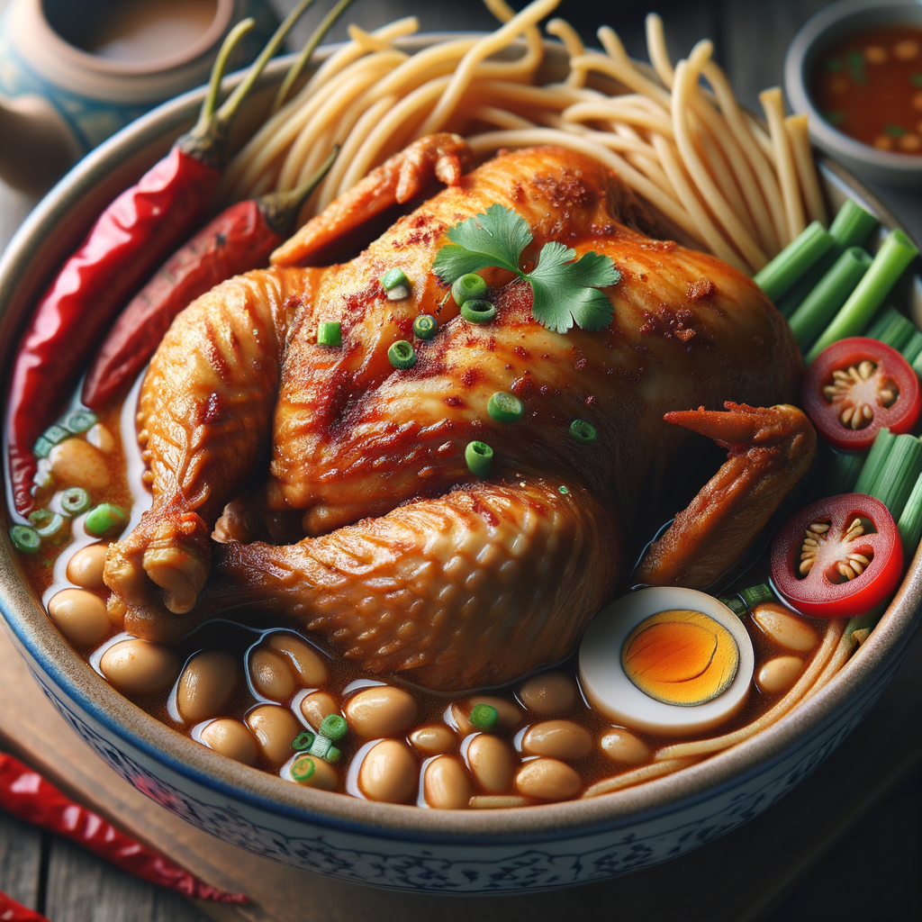 Close-up foto jernih dari ayam Bangkok, menunjukkan detail bulu dan warna ayam yang realistis.