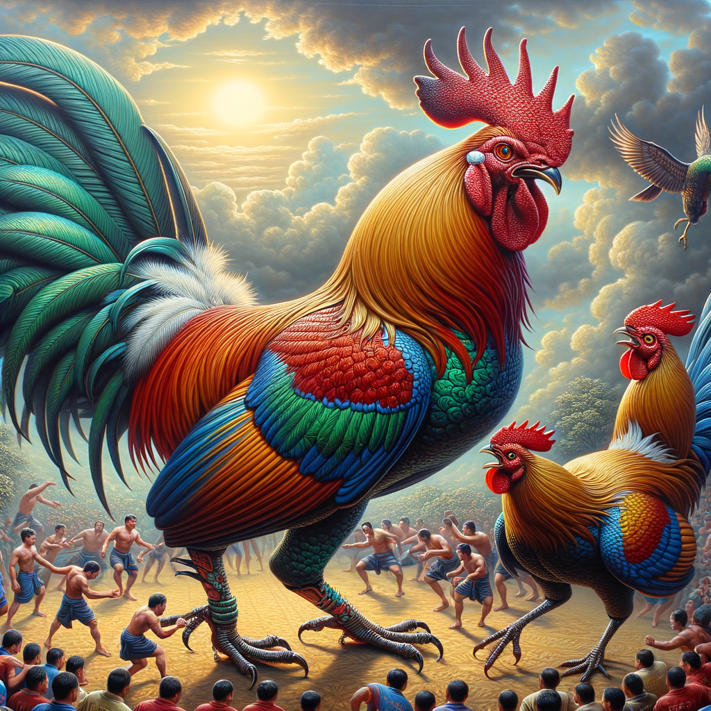 Close-up gambar ayam adu Bangkok dalam pertarungan di arena.