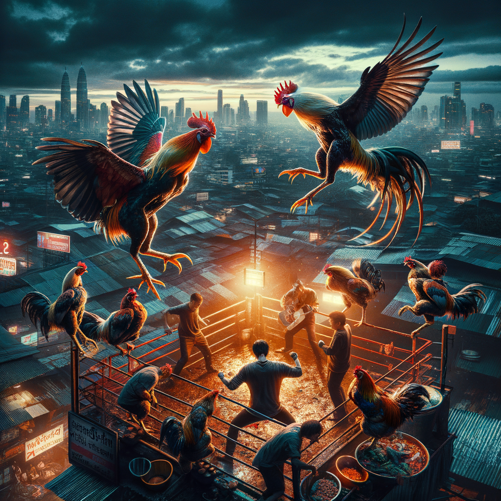 Foto ayam Bangkok dalam pertarungan adu cepat dengan detail tajam dan pencahayaan dramatis.