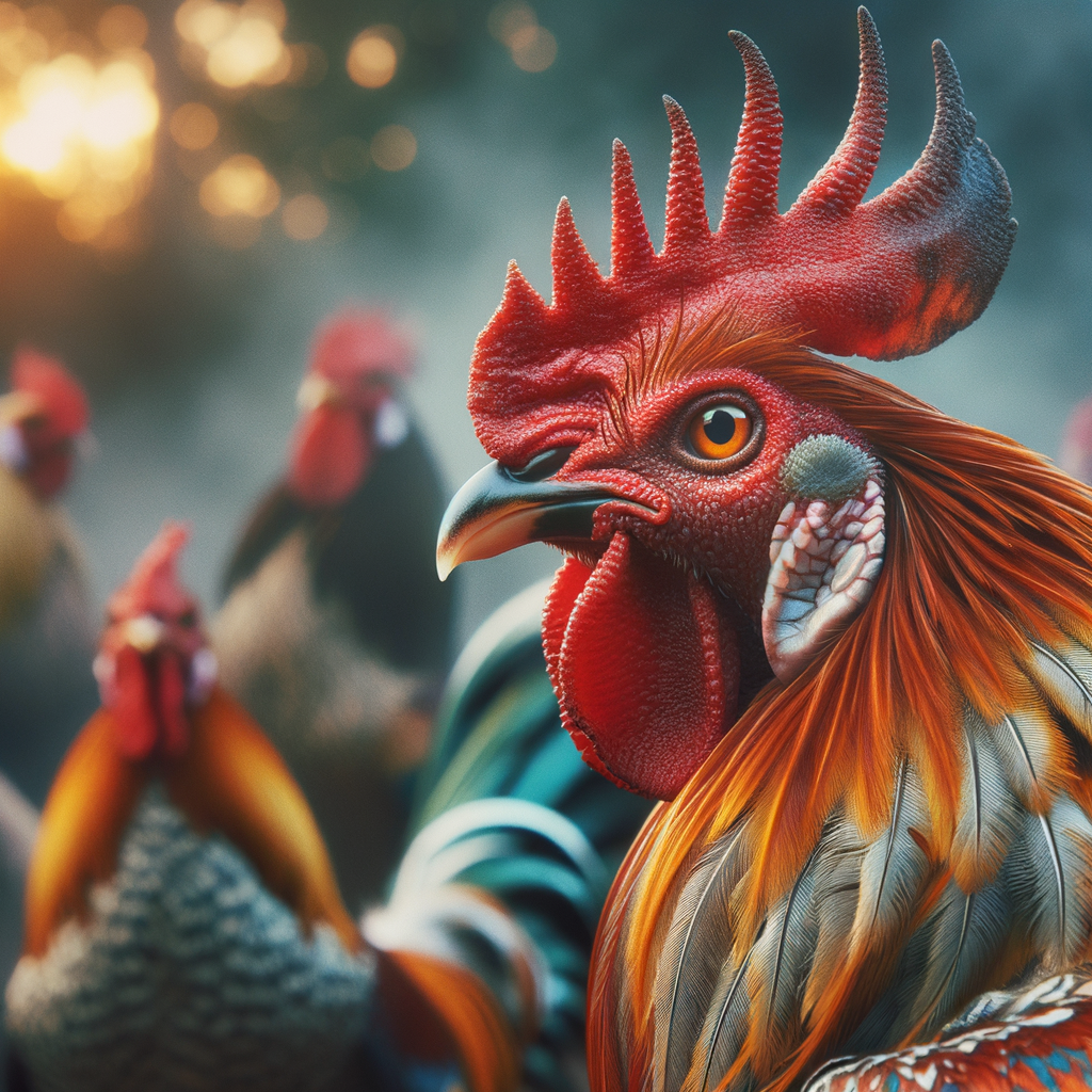 Close-up detail ayam jago berdiri dengan postur siap bertarung di arena adu ayam.