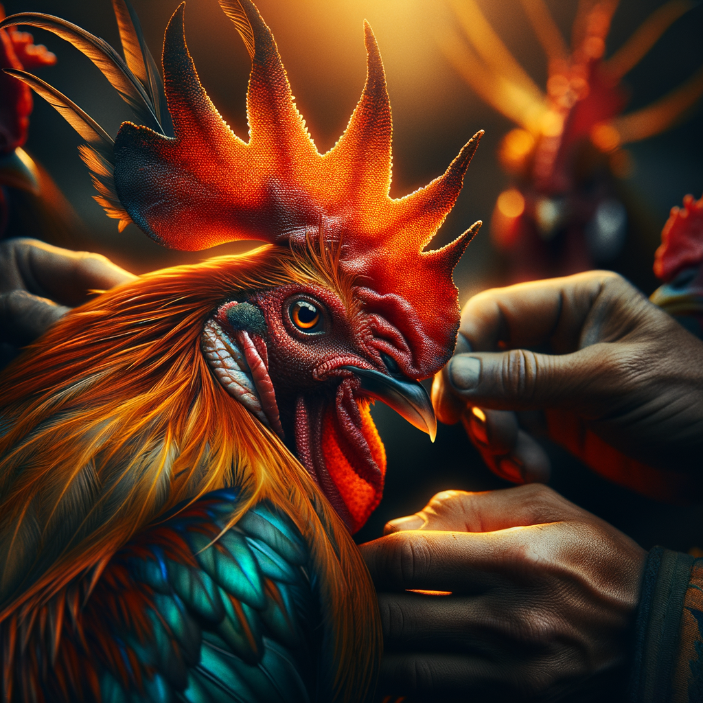 Close-up foto ayam jago di tengah pertarungan.
