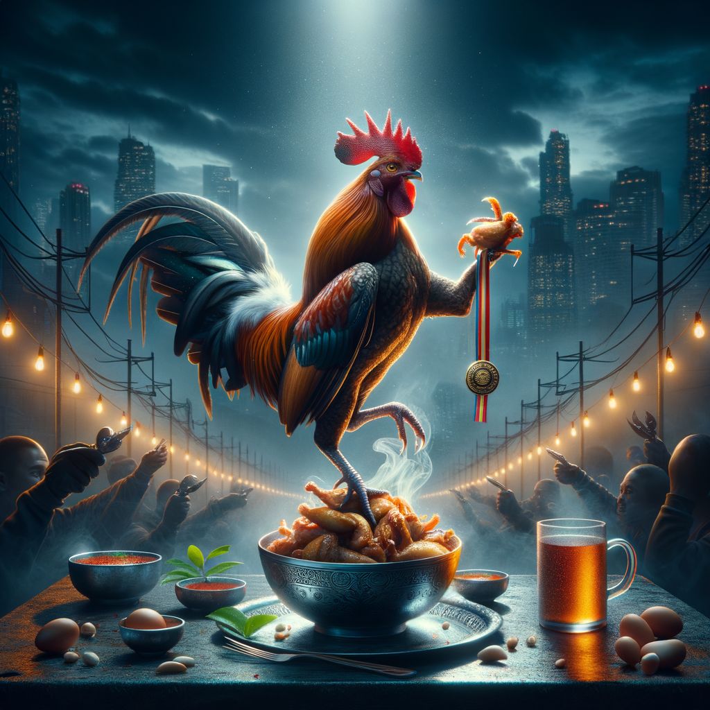 Foto ultra-real: Ayam Bangkok Juara dalam sinematik kualitas majalah, detail tajam dan pencahayaan dramatis.