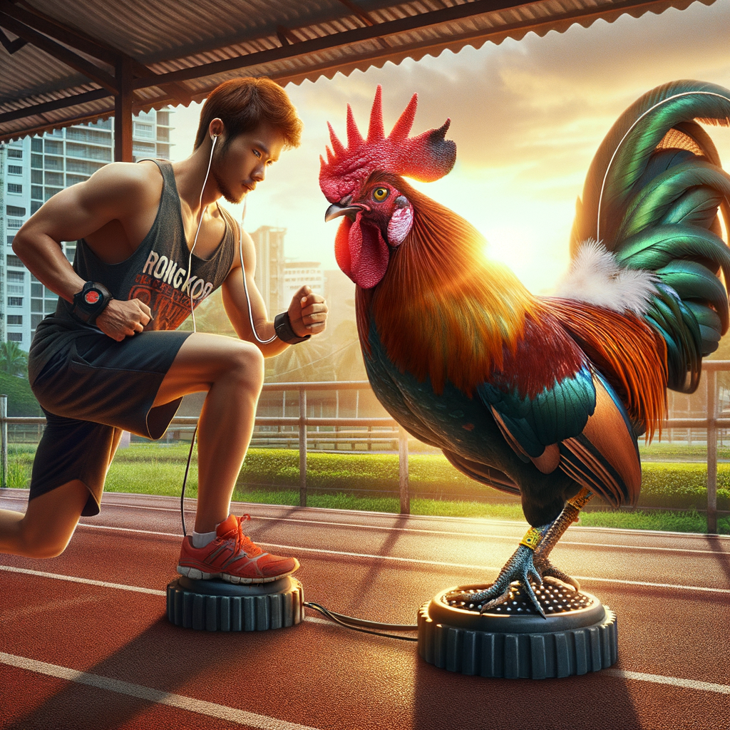 Close-up detail teknik latihan fisik ayam Bangkok, fotorealistis dengan pencahayaan alami.