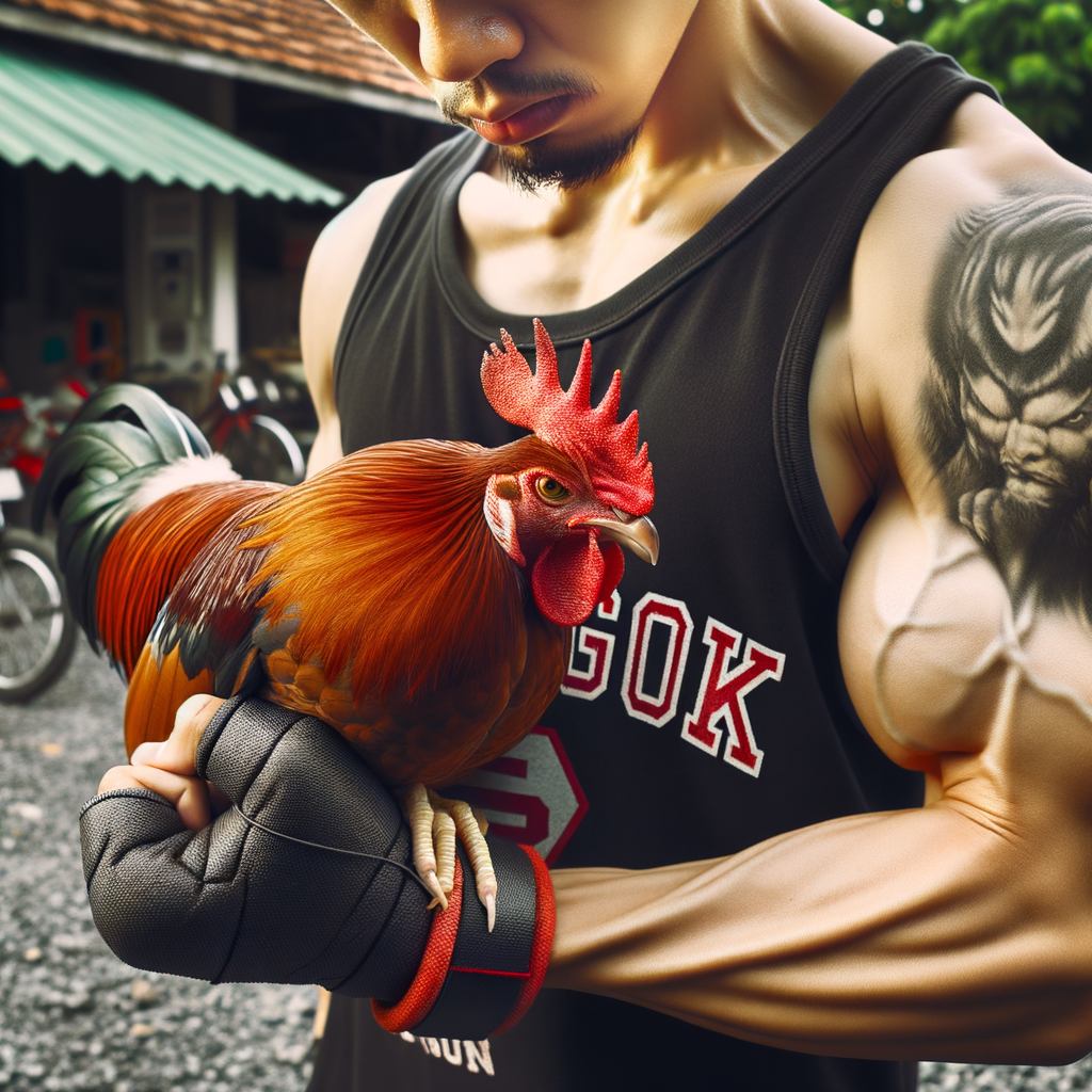 Close-up detail latihan fisik ayam Bangkok: jari-jari kaki memegang bola latihan bulu ayam.