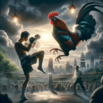 Foto tajam ayam Bangkok dalam arena dengan pencahayaan dramatis.