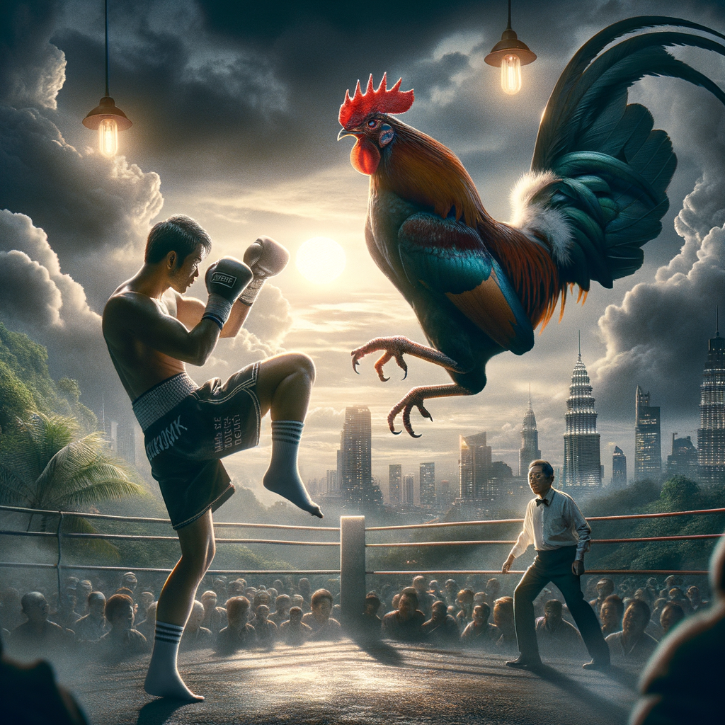 Foto tajam ayam Bangkok dalam arena dengan pencahayaan dramatis.