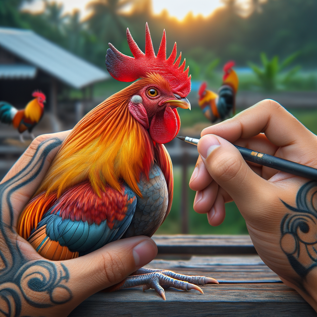Close-up detail ayam Bangkok aduan, fotorealistis dengan pencahayaan alami yang jernih.